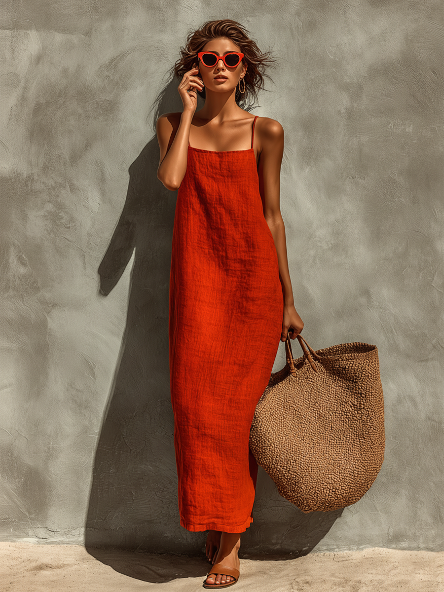 Red Cotton Spaghetti Strap Square Neck Dress