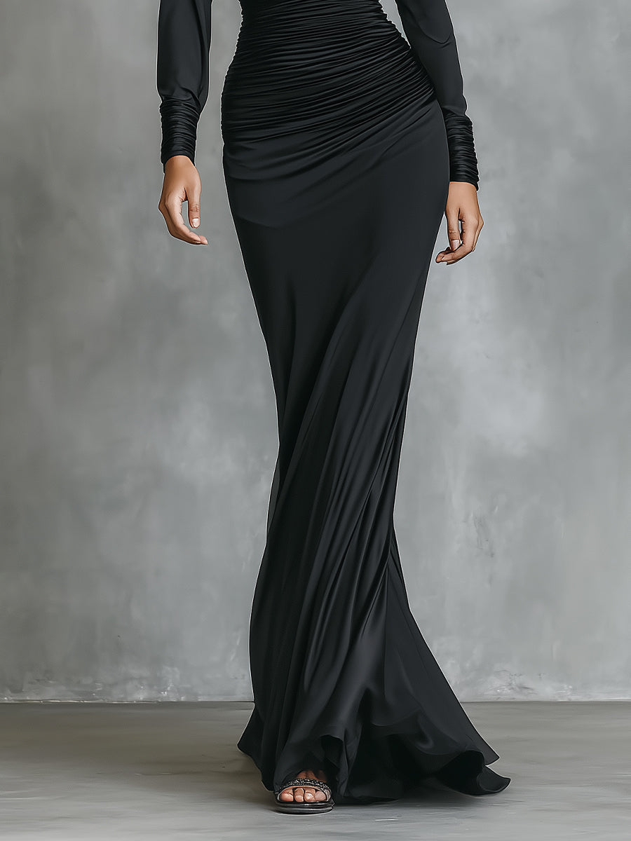 Black Satin One-Shoulder Ruched Mermaid Maxi Dress