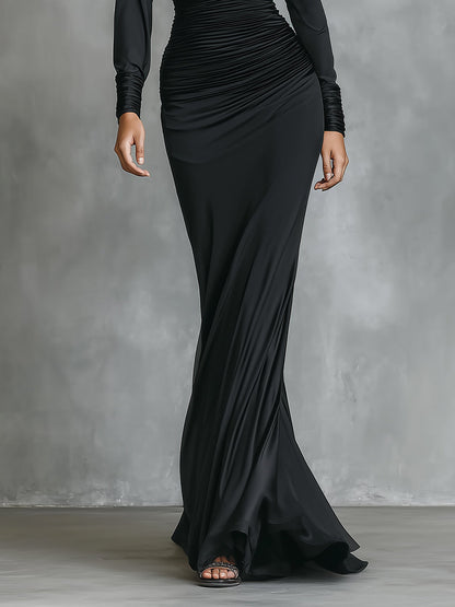 Black Satin One-Shoulder Ruched Mermaid Maxi Dress