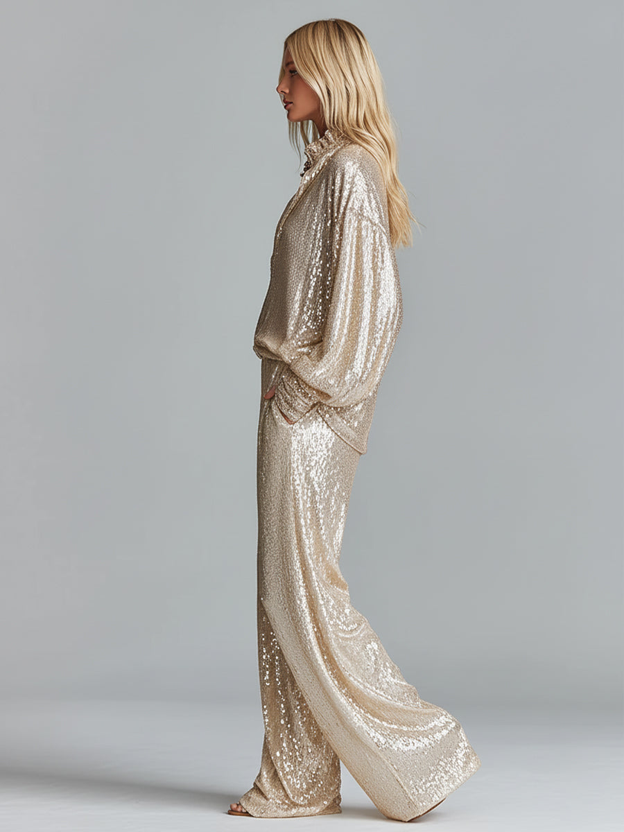 Gold Sequin Collared Half-Zip Wide-Leg Loungewear Set