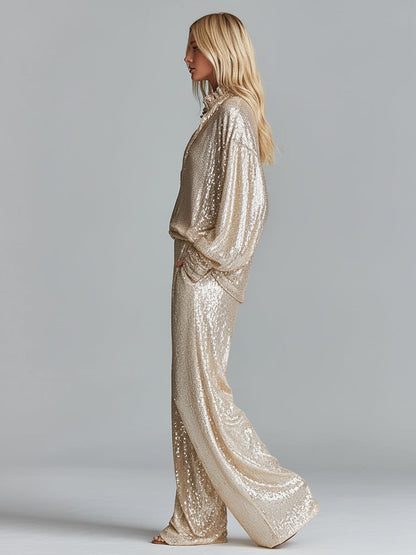Gold Sequin Collared Half-Zip Wide-Leg Loungewear Set