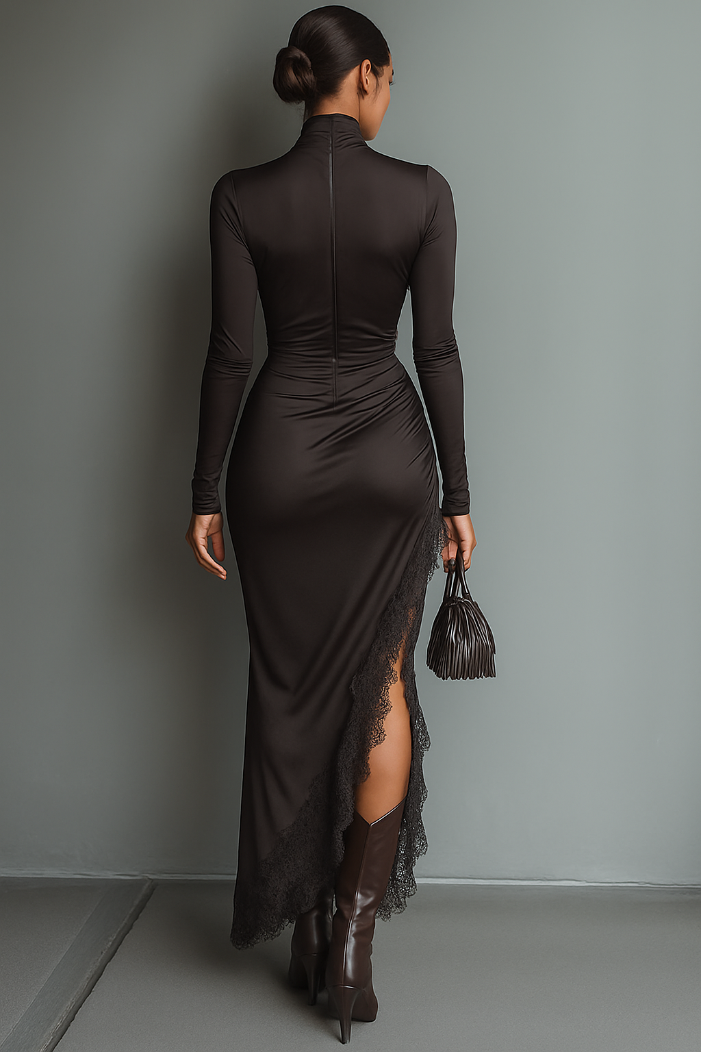 Dark Brown Satin Irregular Hem Lace Slim Maxi Dress