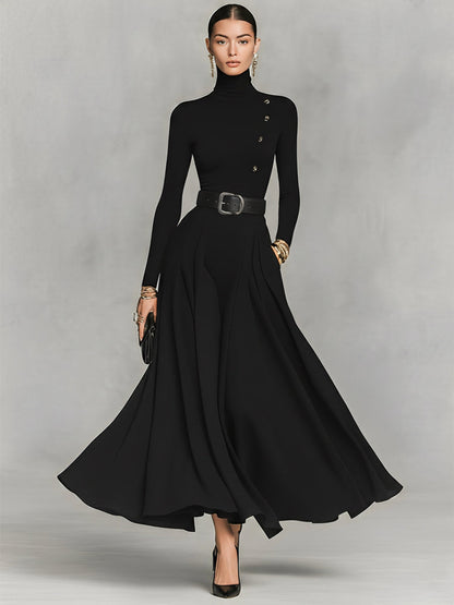 Black Knit High Neck Button Detail Maxi Dress