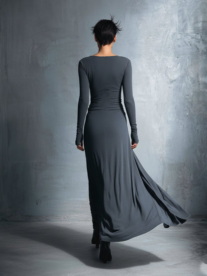 Gray Stretch Fabric Knotted Wrap Maxi Dress