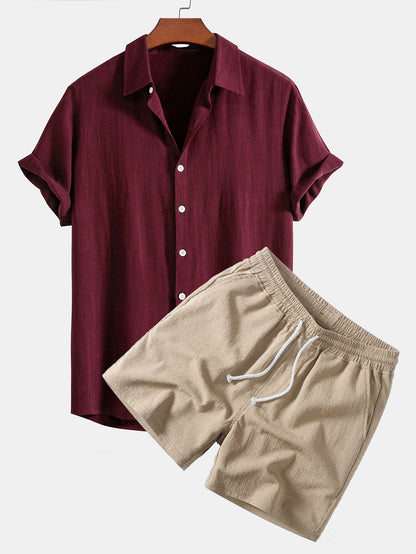 Linen Rayon Blend Button Up Shirt & Crinkle Textured Drawstring 5" Shorts