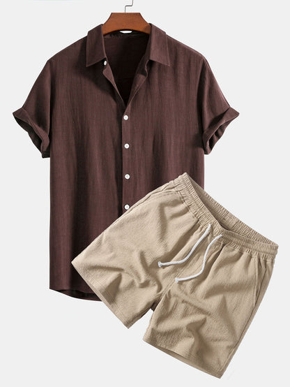 Linen Rayon Blend Button Up Shirt & Crinkle Textured Drawstring 5" Shorts