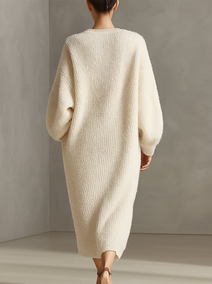 Cream Faux Mink Knit Asymmetric Slit Midi Dress