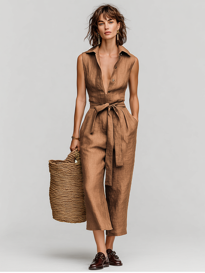 Linen Self-Tie Waist Collared V-Neck Jumpsuit