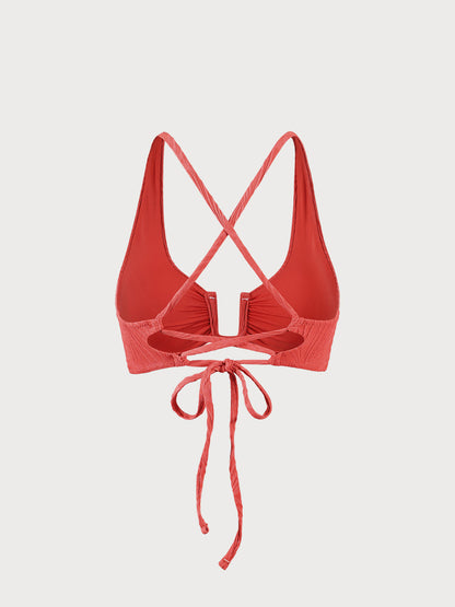Red Jacquard U-Ring Cross Back Bikini Top
