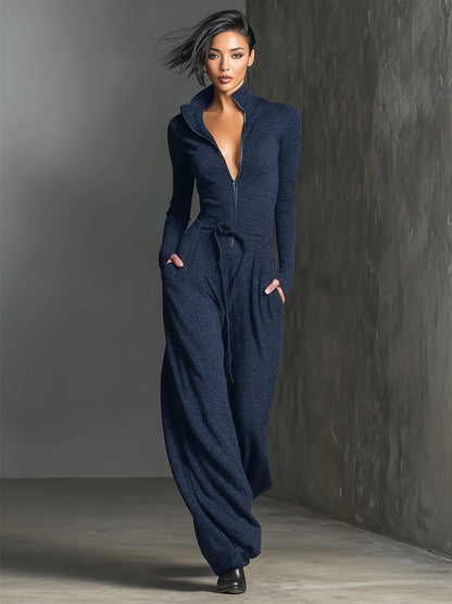 Knit Sparkling Zipper Front Jumpsuit