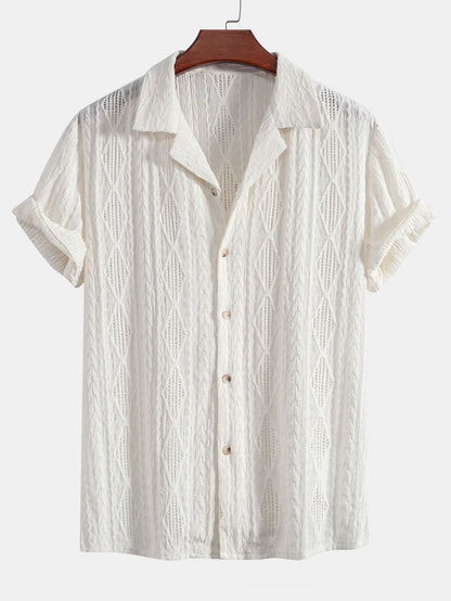 Geometric Jacquard Eyelet Cuban Shirt & Crinkle Textured Drawstring 5" Shorts