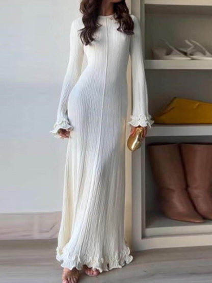 Trumpet Sleeve Rolled Hem Knit Round Neck Maxi Dress