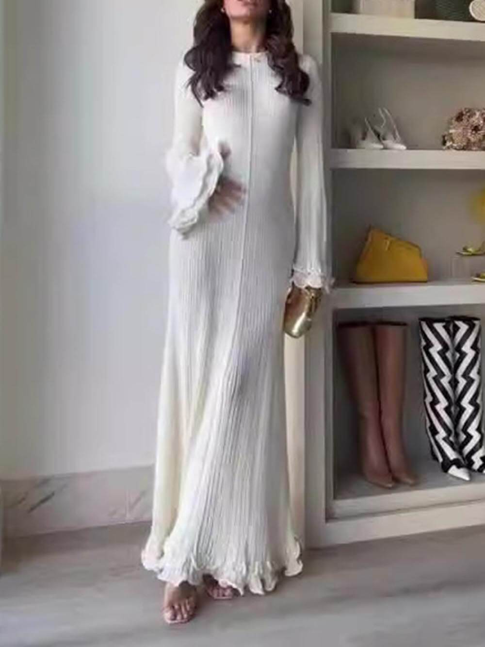 Trumpet Sleeve Rolled Hem Knit Round Neck Maxi Dress