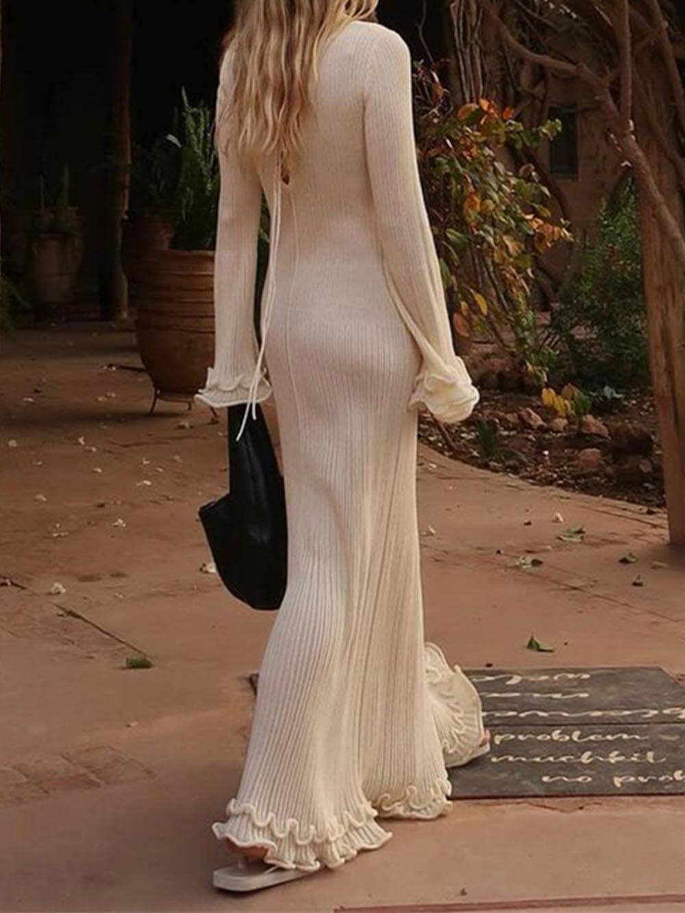 Trumpet Sleeve Rolled Hem Knit Round Neck Maxi Dress