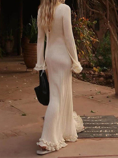 Trumpet Sleeve Rolled Hem Knit Round Neck Maxi Dress
