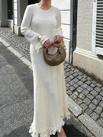 Trumpet Sleeve Rolled Hem Knit Round Neck Maxi Dress