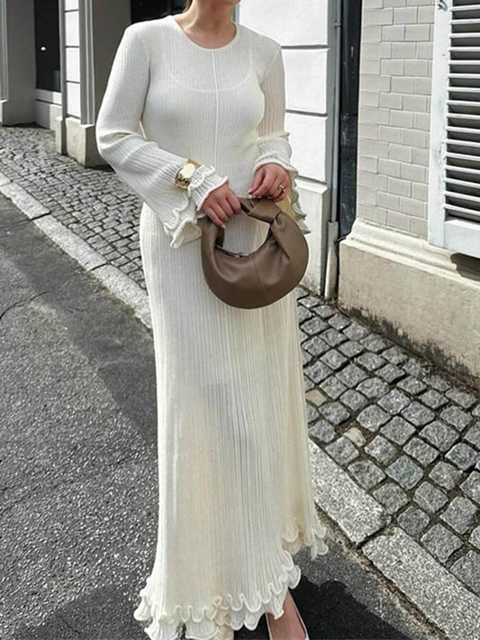 Trumpet Sleeve Rolled Hem Knit Round Neck Maxi Dress