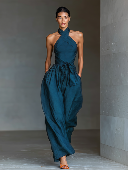 Navy Linen Cross Halter Wide-Leg Jumpsuit