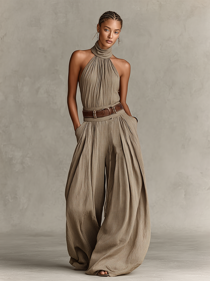 Taupe Cotton Halter Neck Wide-Leg Jumpsuit