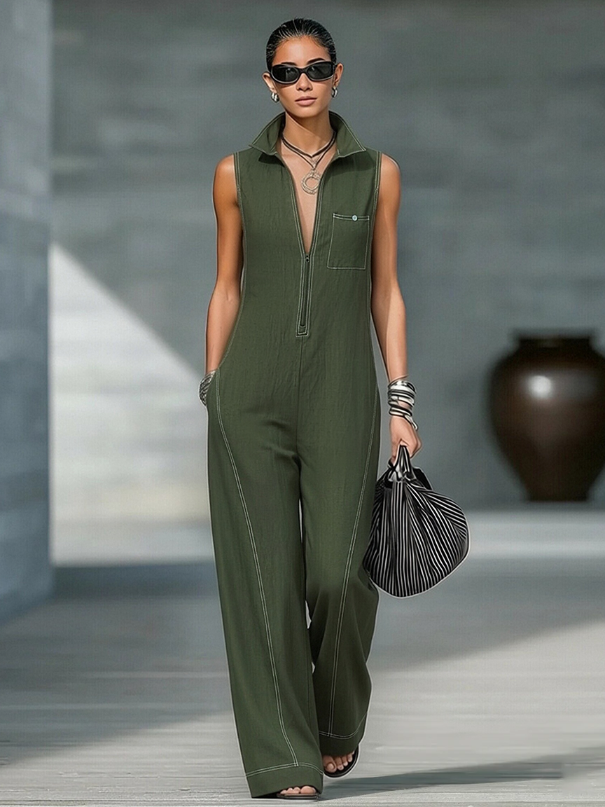 White Trim Sleeveless Jumpsuit