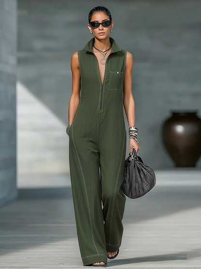 White Trim Sleeveless Jumpsuit