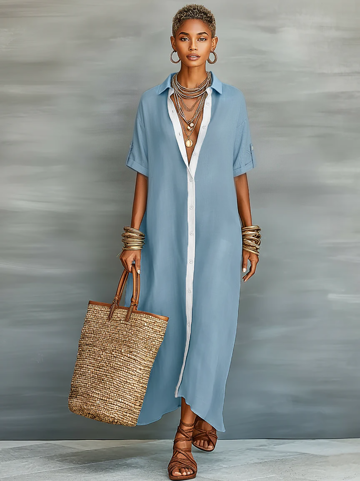 Linen Blend Short Sleeve Shirt Maxi Dress
