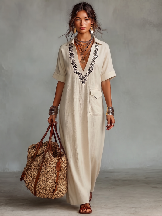 Linen Blend Embroidered Short Sleeve Maxi Shirt Dress