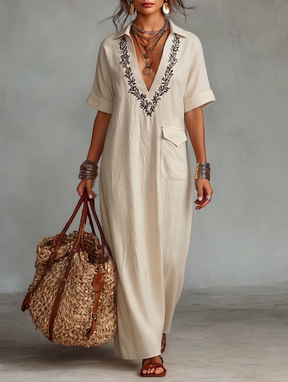 Linen Blend Embroidered Short Sleeve Maxi Shirt Dress
