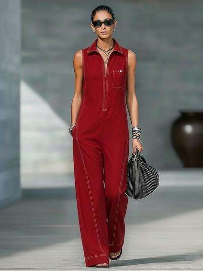 White Trim Sleeveless Jumpsuit