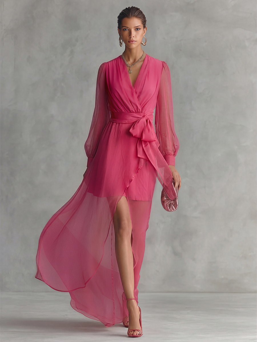 Rose Pink Pearl Chiffon Tie-Waist Maxi Dress