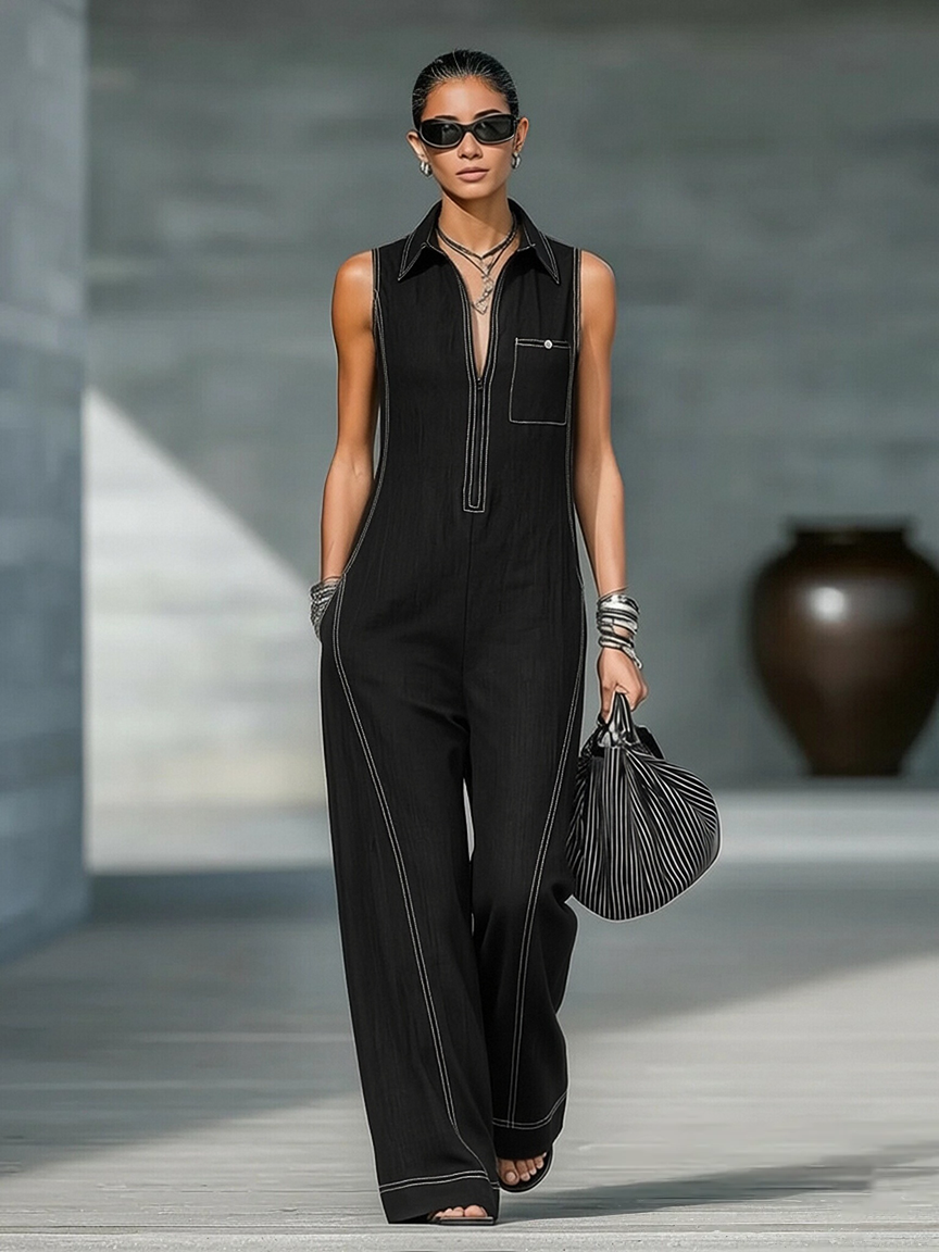 White Trim Sleeveless Jumpsuit