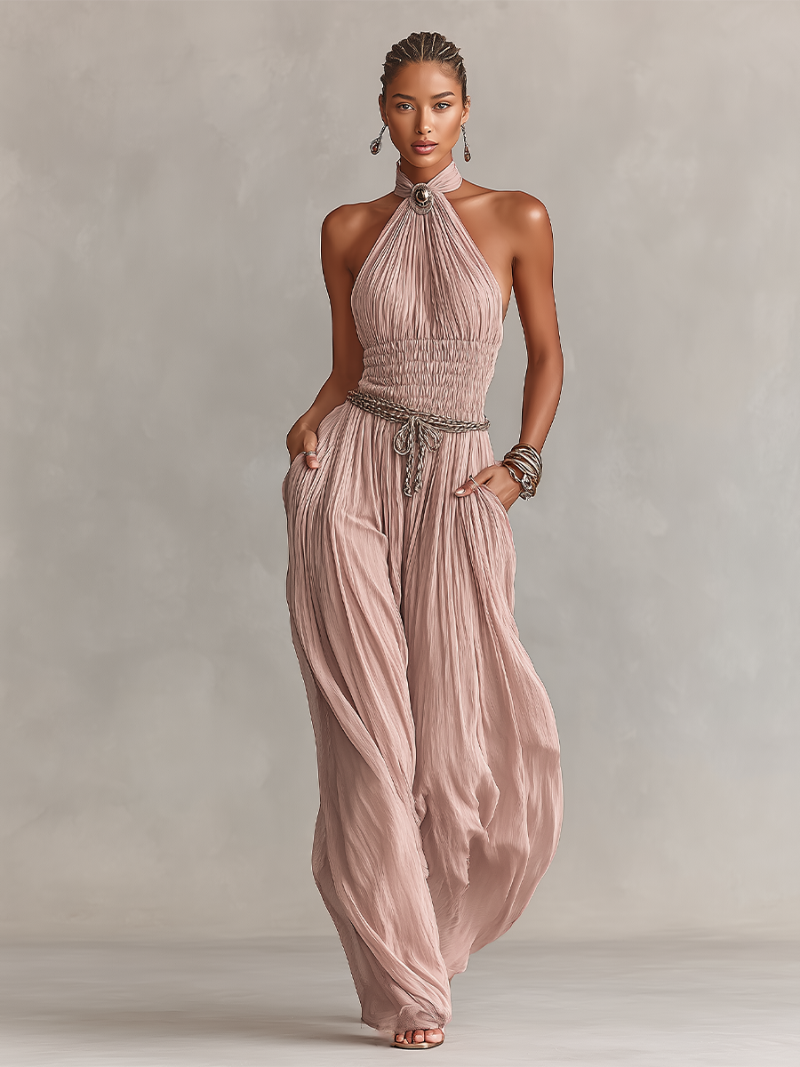 Blush Pleated Halter Neck Ruched Waist Jumpsuit