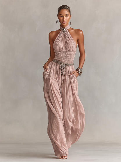 Blush Pleated Halter Neck Ruched Waist Jumpsuit