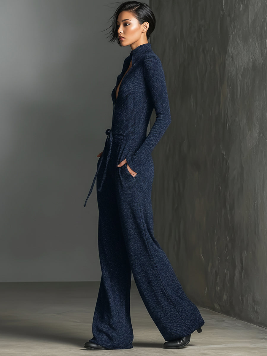 Knit Sparkling Zipper Front Jumpsuit