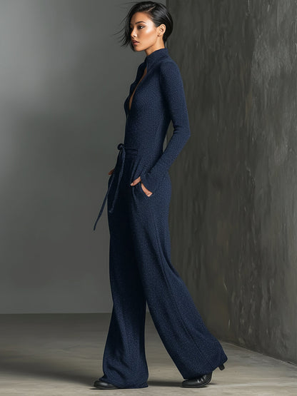 Knit Sparkling Zipper Front Jumpsuit