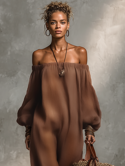 Linen Blend Strapless Long Sleeve Jumpsuit