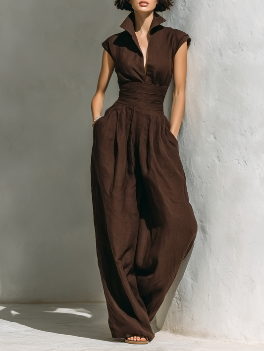 Linen Blend Cap Sleeve Wide-Leg Jumpsuit
