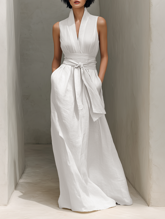 Cotton-Linen V-Neck Belted Sleeveless Maxi Dress