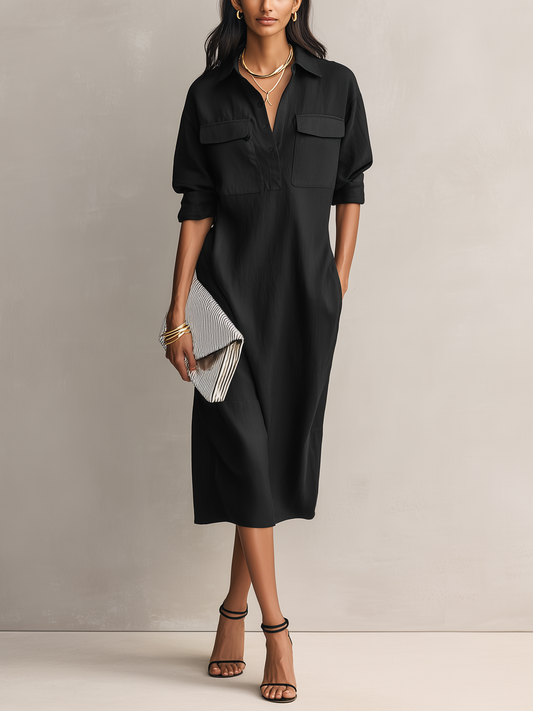 Black Cotton-Linen Shirt Collar Short Sleeve Midi Dress