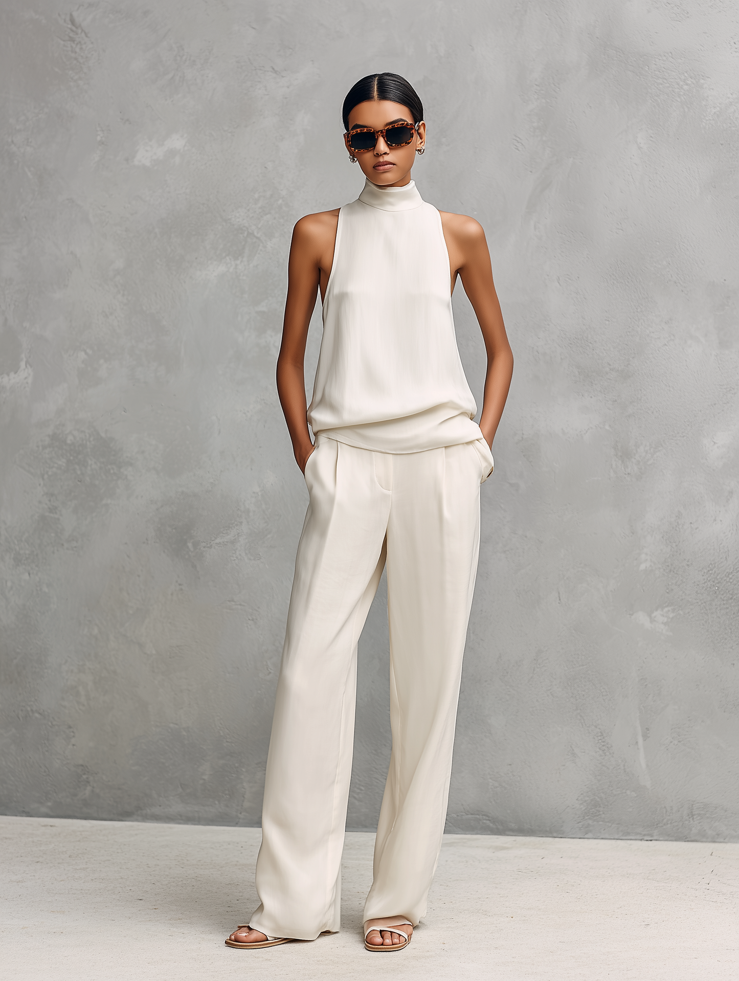 Black Cotton-Linen Round-Neck Sleeveless Top & Trousers Set