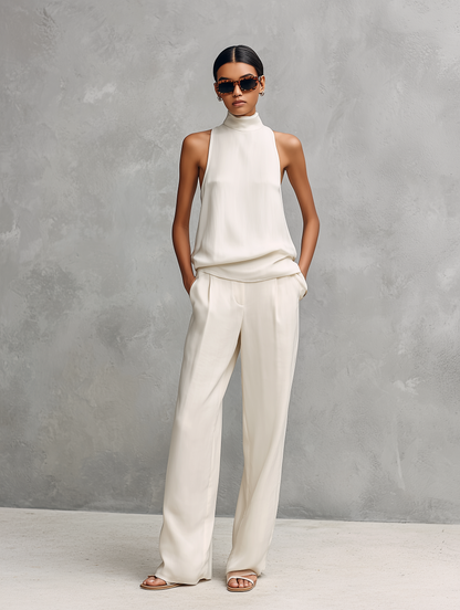 Black Cotton-Linen Round-Neck Sleeveless Top & Trousers Set