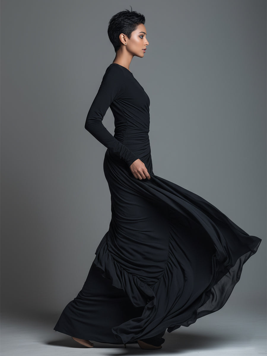 Black Jersey Knit Ruched Maxi Dress