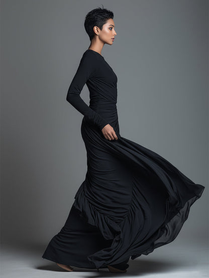 Black Jersey Knit Ruched Maxi Dress