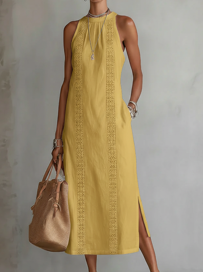 Bianca - Vestito midi in lino con collo mao