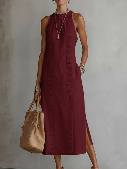 Bianca - Vestito midi in lino con collo mao