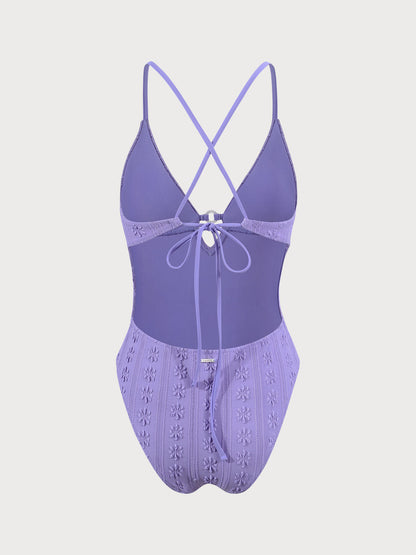 Purple Jacquard Cut-Out One-Piece Swimsuit