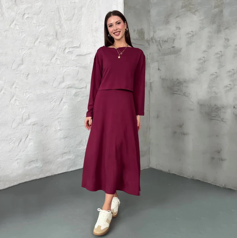 Two-piece knitted set for women: midi dress with tank top and cropped top