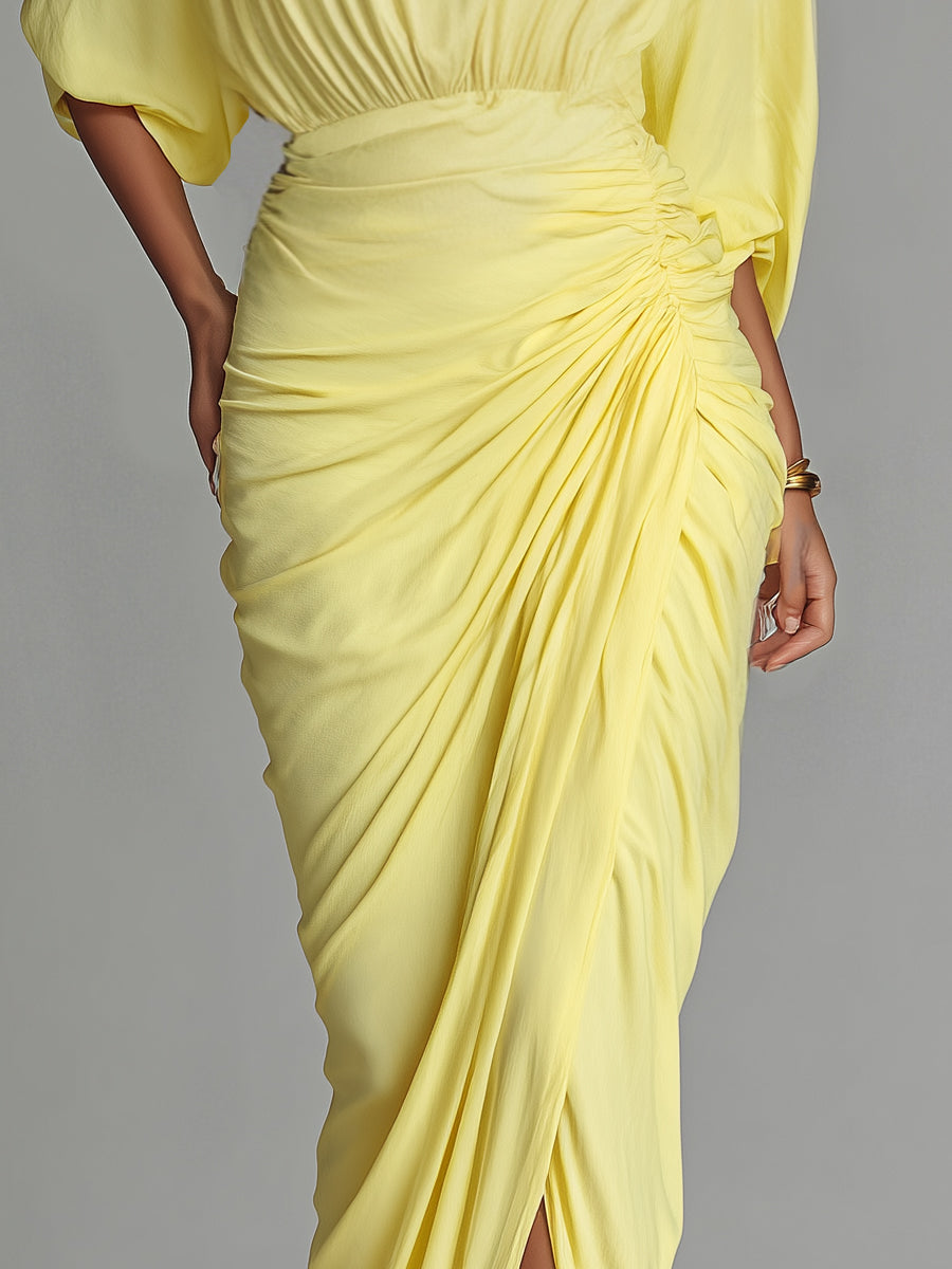 Bright Yellow Draped Blend Maxi Dress