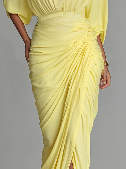 Bright Yellow Draped Blend Maxi Dress