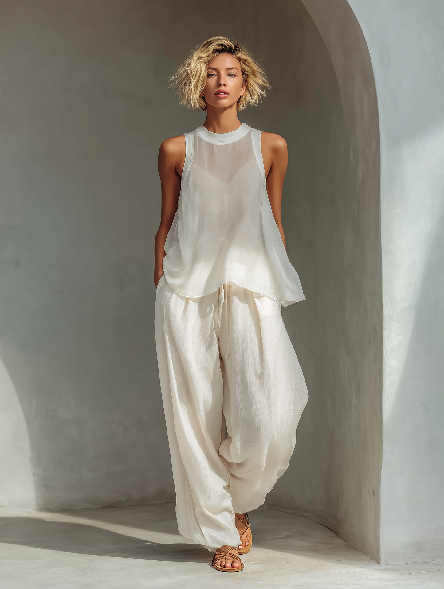 Cream Chiffon Sleeveless Top & Linen Drawstring Wide-Leg Trousers Set